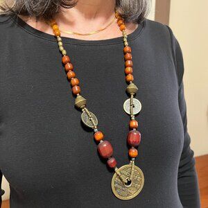 Necklace Antique Amber, Brass and Chinese Village Coin